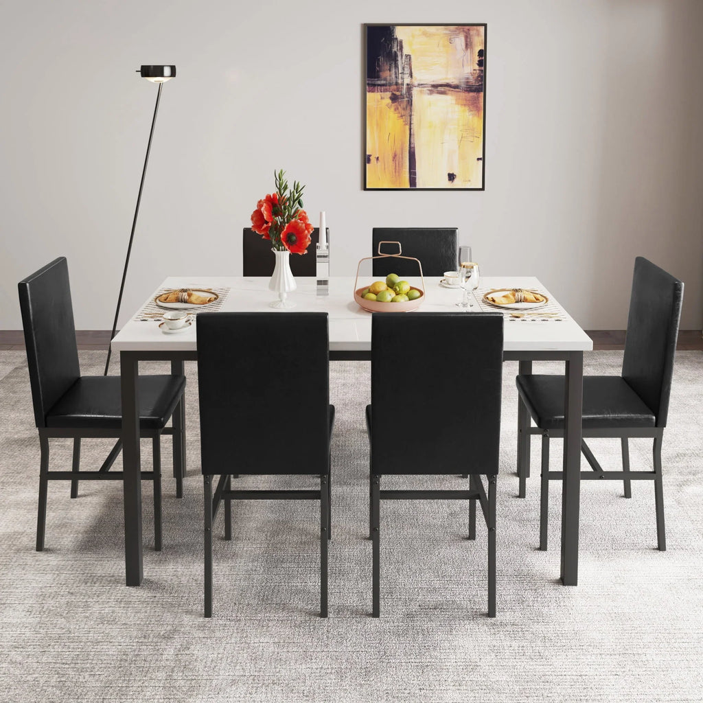 Nouveauté 2026 – Ensemble de salle à manger moderne avec table et 6 chaises rembourrées à dossier haut, idéal pour 6 personnes, petit espace cuisine, coin repas ou bar, B1470