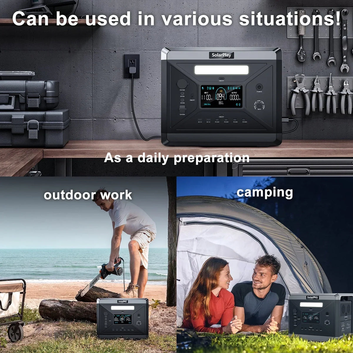 Nouveauté 2026 – Générateur solaire Solarplay 2400 W (4800 W en crête), avec panneau solaire de 400 W et batterie LiFePO4 portable de 2160 Wh, idéal pour le camping, la maison et les véhicules de secours