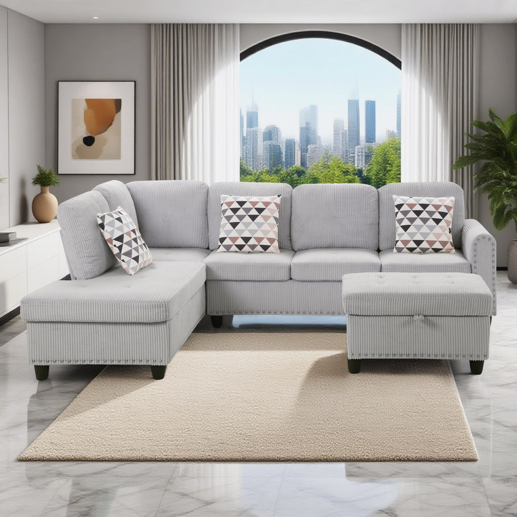 Nouveauté 2026 – Canapé d'angle modulaire AENKYO , 241 cm (95 po), en velours côtelé, avec pouf et porte-gobelets – Idéal pour les appartements et les salons – Gris clair