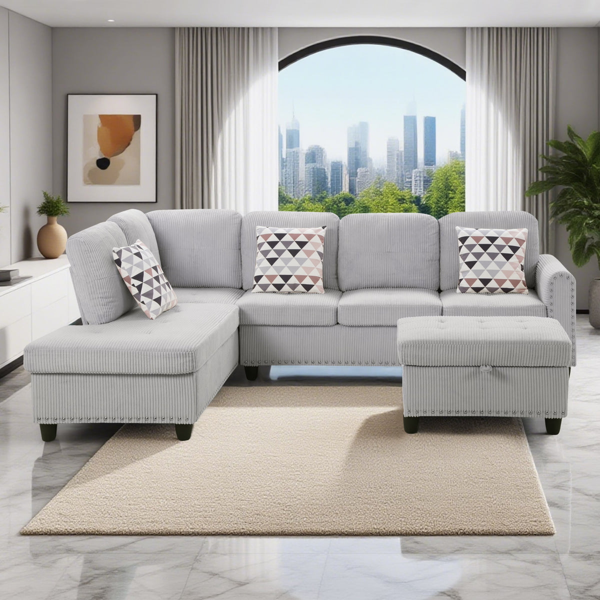 Nouveauté 2026 – Canapé d'angle modulaire AENKYO , 241 cm (95 po), en velours côtelé, avec pouf et porte-gobelets – Idéal pour les appartements et les salons – Gris clair
