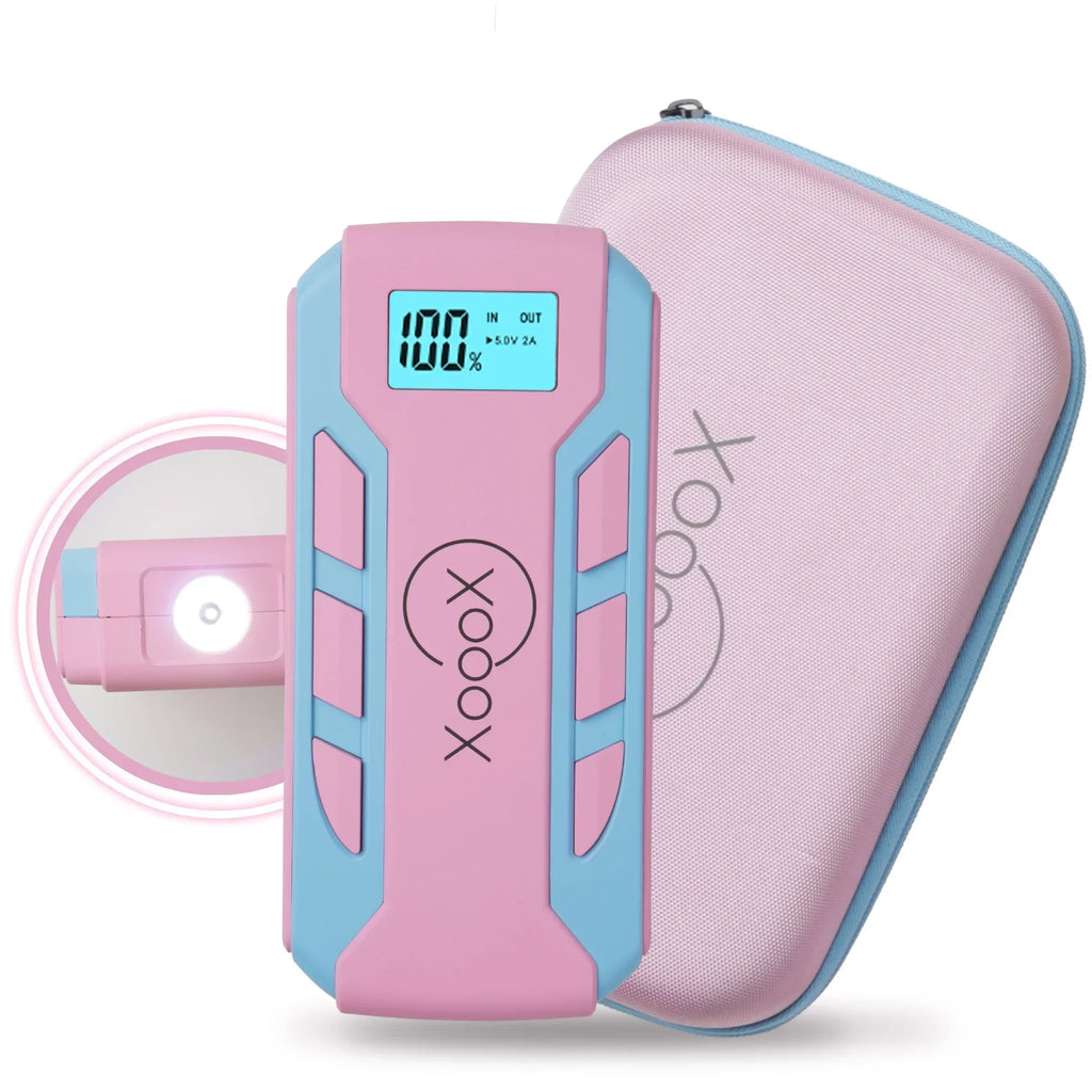 Nouveauté 2026 – Kit de démarrage de batterie portable XoooX rose avec câbles de démarrage, lampe LED et étui ; batterie de démarrage 12 V ; chargeur de batterie portable pour appareils USB/USB-C