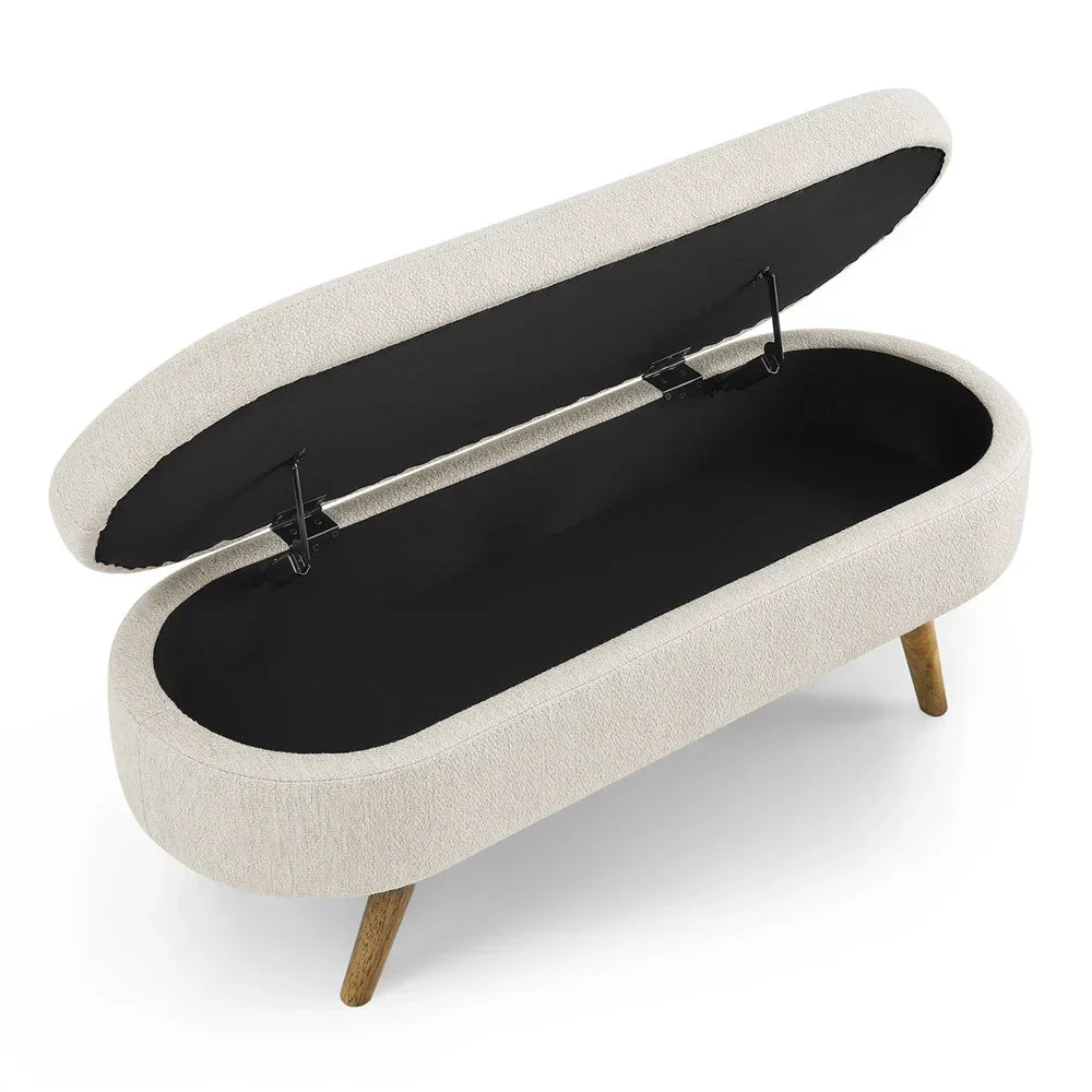 Nouveauté 2026 – Nouveau banc ottoman de rangement ovale de 110 cm (43,5 po) avec pieds en bois massif, revêtement en lin, charnière de sécurité, idéal pour l'entrée ou comme banc d'intérieur au pied du lit, à côté d'un canapé ou dans une entrée