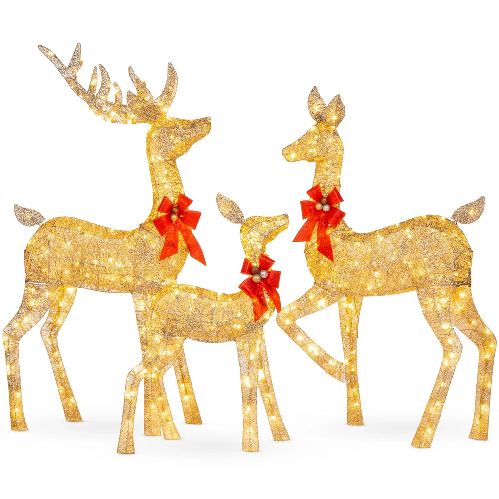 Nouveauté 2026 – Décoration de jardin extérieure Best Choice Products : cerfs lumineux de Noël en 3 pièces, 2 m (6,5 pi), avec 385 lumières DEL et piquets – Or