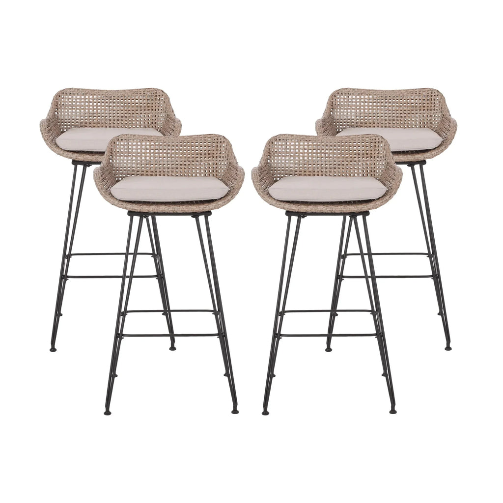 Nouveauté 2026 – Tabourets de bar d'extérieur Verano en résine tressée et métal avec coussin, lot de 4, coloris marron et beige
