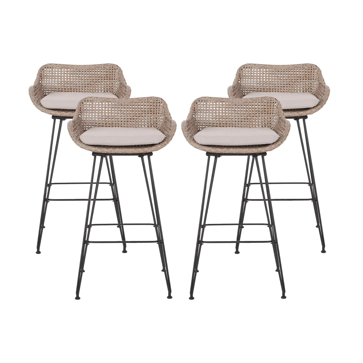 Nouveauté 2026 – Tabourets de bar d'extérieur Verano en résine tressée et métal avec coussin, lot de 4, coloris marron et beige