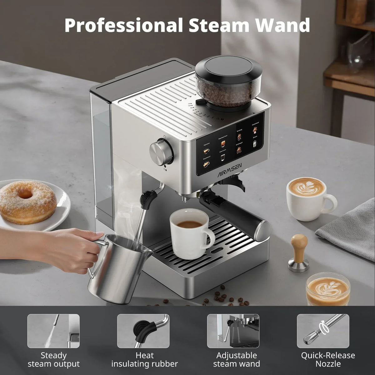 Nouveauté 2026 – Machine à expresso AIRMSEN avec broyeur intégré, permettant de personnaliser la mouture et le volume de café, idéale pour le cappuccino, le latte et l'americano. Finition en acier inoxydable brossé