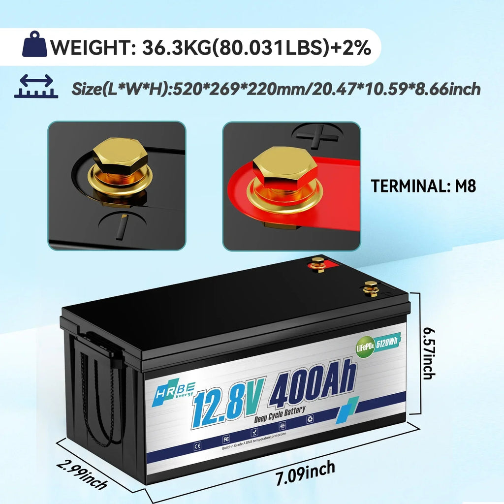 Nouveauté 2026 – Batterie au lithium LiFePO4 12 V 400 Ah , 5120 Wh, puissance maximale de 3200 W, durée de vie de plus de 15 000 cycles de charge/décharge, groupe 8D, pour camping-cars, moteurs de pêche solaires et de traîne, applications marines, av