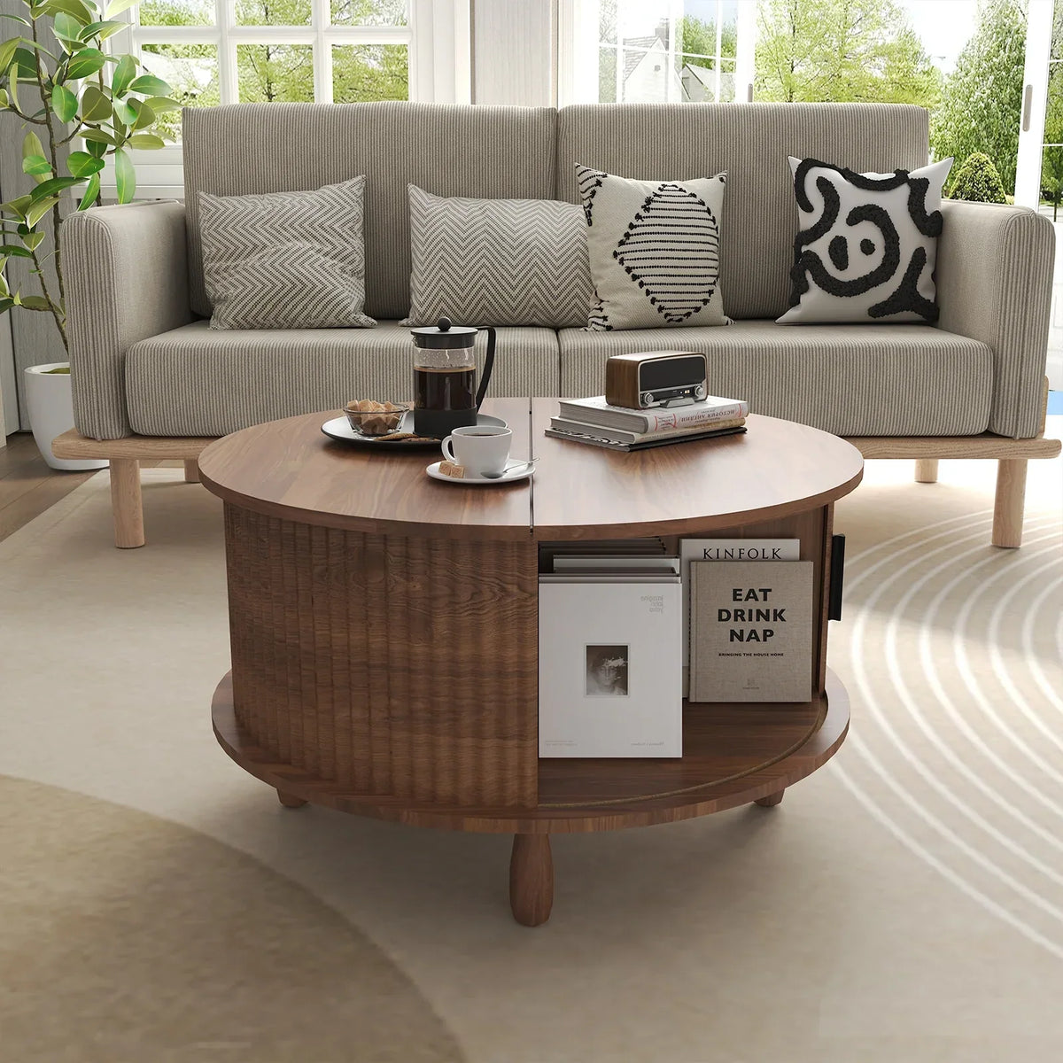 Nouveauté 2026 – Table basse ronde RUMLIVE avec rangement, table basse moderne de 78 cm avec porte coulissante incurvée à 360°, table basse en bois cannelé avec patins, table centrale ronde pour salon, noire
