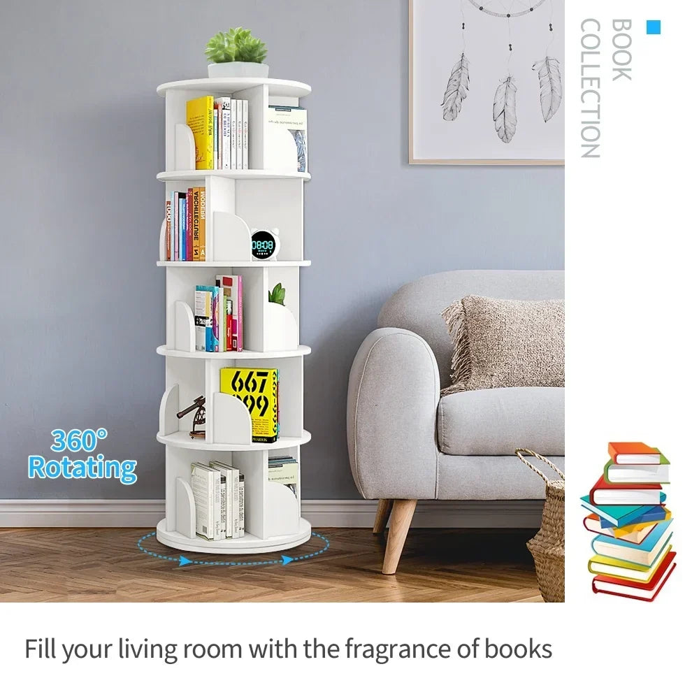 Nouveauté 2026 – Bibliothèque pivotante Bimiti 5 niveaux, rotation à 360°, 20 étagères, sur pied, blanche, 160 x 46 x 46 cm, pour adultes
