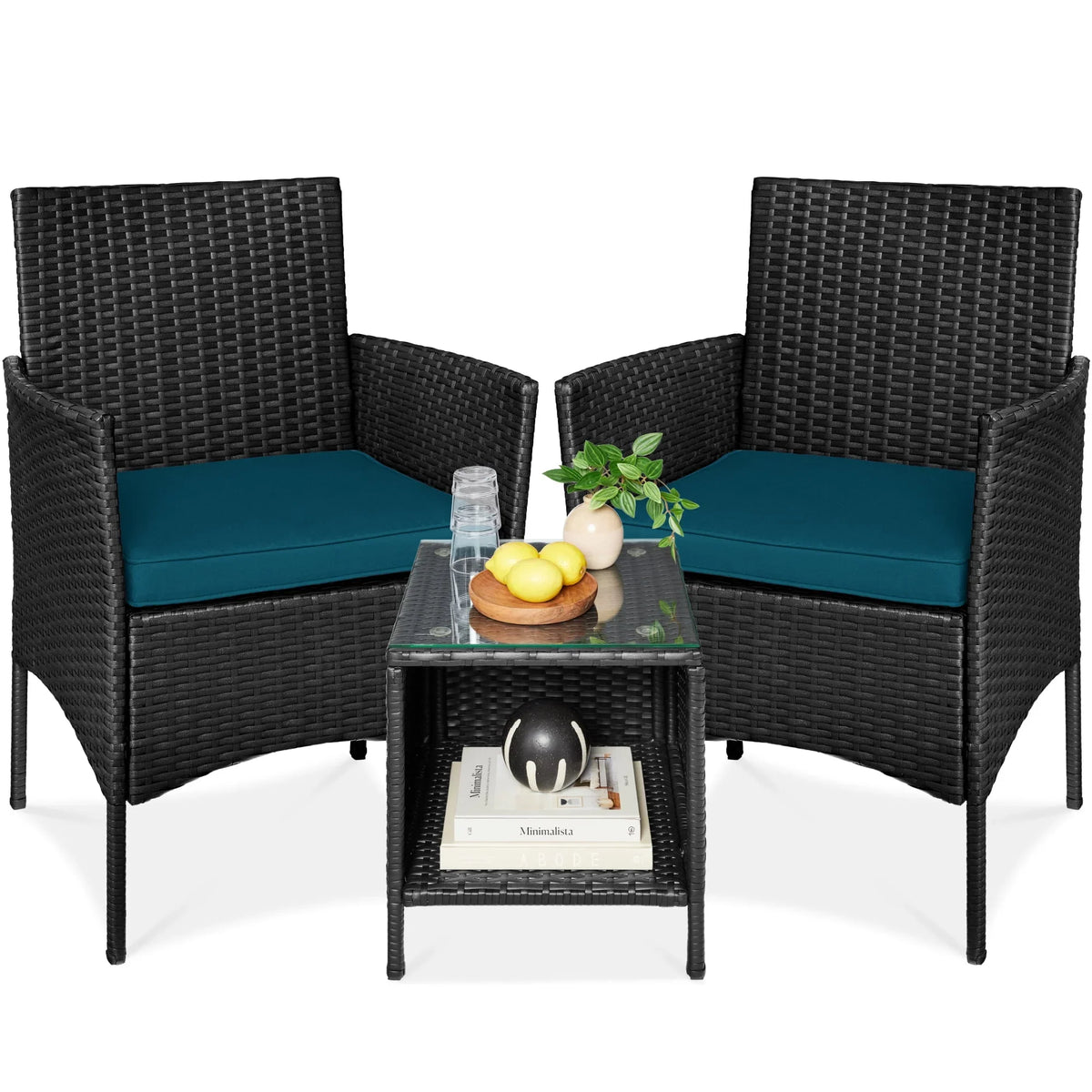 Nouveauté 2026 – Ensemble bistro de jardin 3 pièces en résine tressée Best Choice Products , avec 2 chaises et une table - Gris/Bleu marine