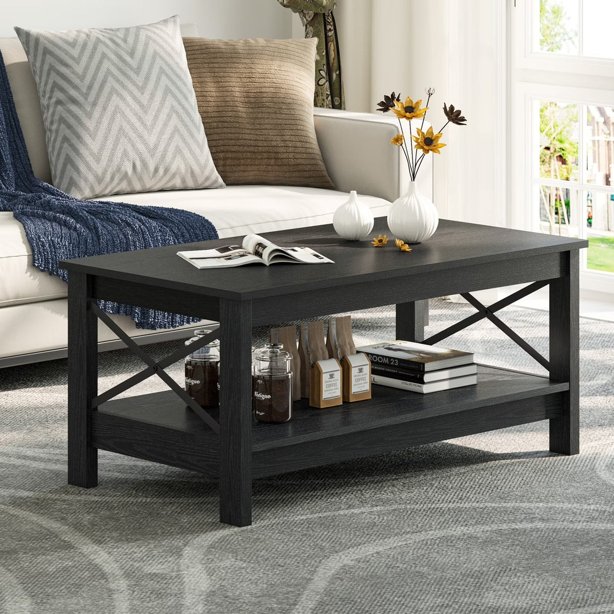 Nouveauté 2026 – Table basse Moasis Farmhouse avec rangement, table centrale à 2 niveaux pour salon, plateau gris délavé et blanc