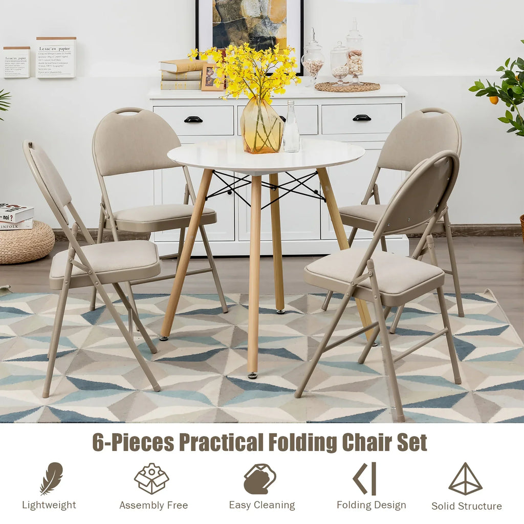 Nouveauté 2026 – Ensemble de 6 chaises pliantes Costway , assise rembourrée et revêtement en tissu, structure en métal, beige, pour la maison ou le bureau