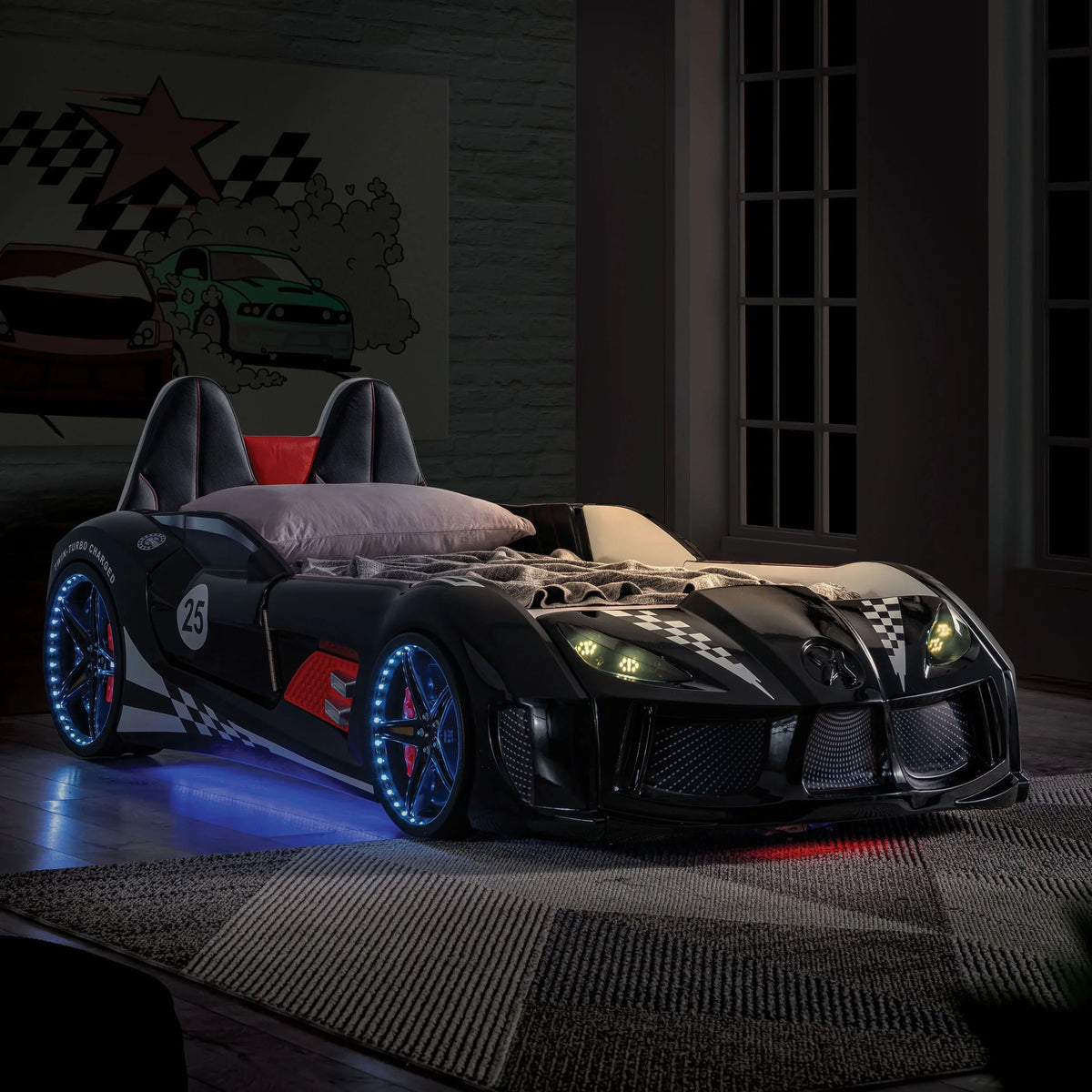Nouveauté 2026 – Lit double en plastique pour enfants Dash Kids, motif voiture de course, avec LED et son, blanc, Furniture of America