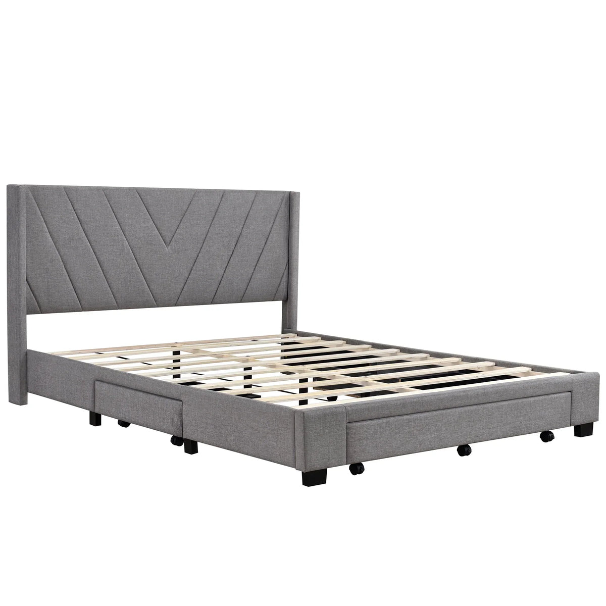 Nouveauté 2026 – Cadre de lit Queen Sesslife avec rangement, nouveau lit plateforme rembourré en lin amélioré avec 3 tiroirs, lit de rangement Queen avec tête de lit et lattes en bois, aucun sommier requis, supporte 227 kg, beige