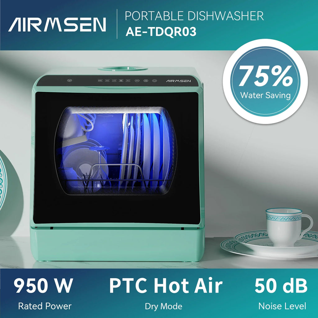 Nouveauté 2026 – Lave-vaisselle portable de comptoir AIRMSEN avec réservoir d'eau intégré de 5 litres et fonction de séchage à l'air, 5 programmes de lavage, mini lave-vaisselle, AE-TDQR03