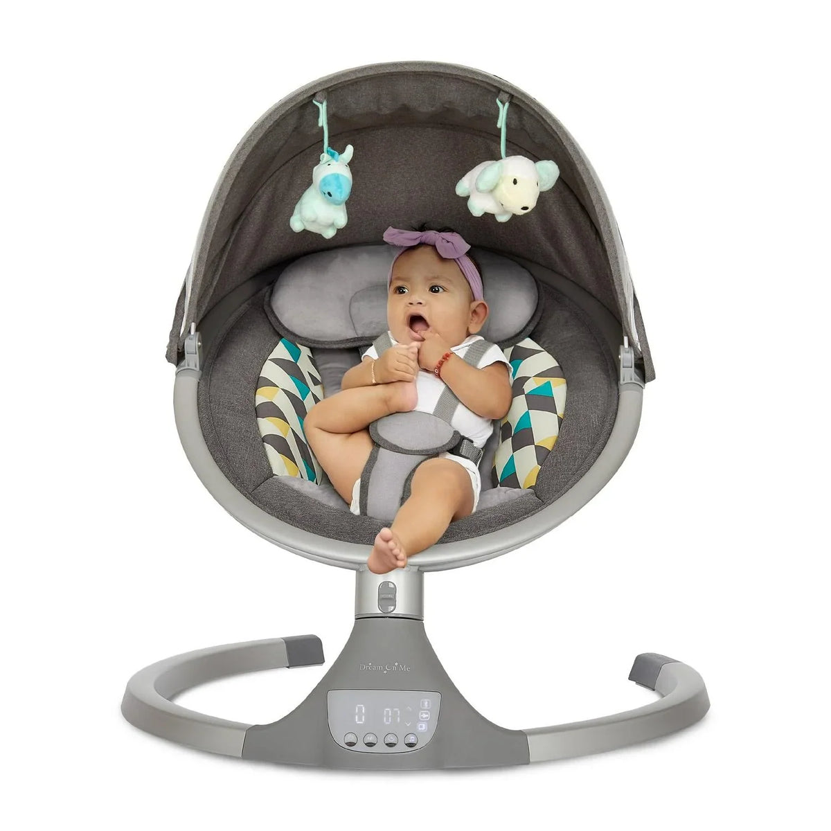 Nouveauté 2026 – Balancelle pour bébé Dream On Me Zazu . Balancelle pour nourrisson. 5 vitesses de balancement. Deux jouets intégrés. Connectivité Bluetooth et télécommande. Gris et bleu
