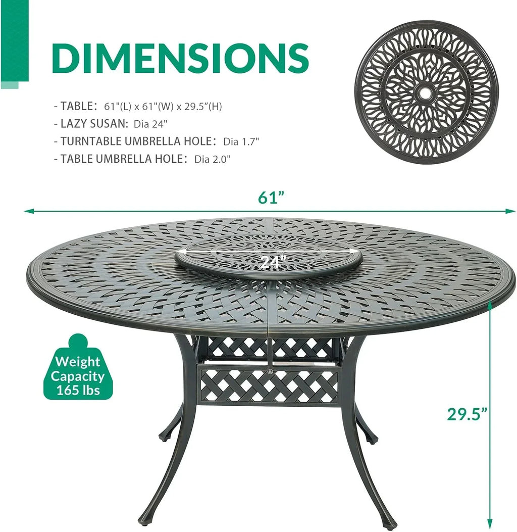 Nouveauté 2026 – Table de salle à manger d'extérieur VIVIJASON , 155 cm (61 po), pour 6 à 8 personnes, grande table ronde avec plateau tournant de 61 cm (24 po), en aluminium moulé bronze foncé au style rustique, avec trou pour parasol, idéale pour b