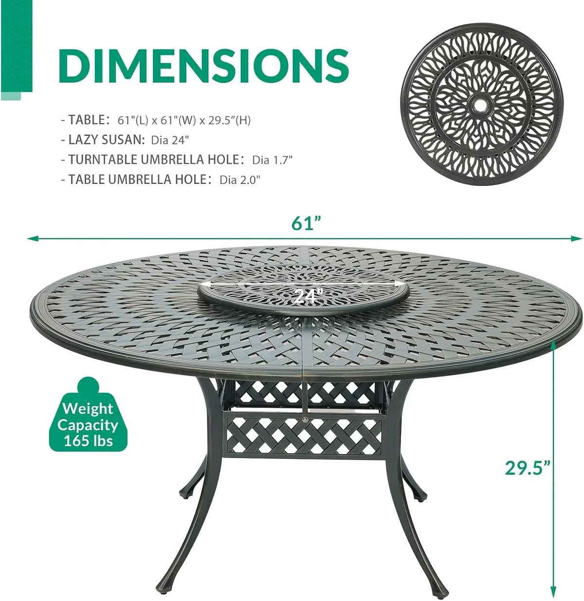 Nouveauté 2026 – Table de salle à manger d'extérieur VIVIJASON , 155 cm (61 po), pour 6 à 8 personnes, grande table ronde avec plateau tournant de 61 cm (24 po), en aluminium moulé bronze foncé au style rustique, avec trou pour parasol, idéale pour b