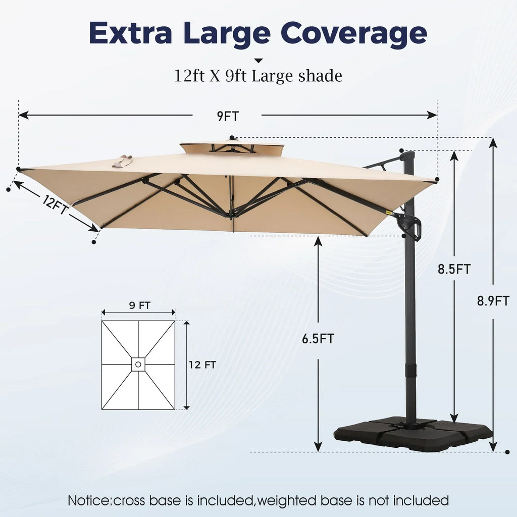 Nouveauté 2026 – Parasol d'extérieur Alpha Joy 12x9pi (3,66 x 2,74 m), grand modèle rectangulaire déporté à double structure, rotation à 360°, beige