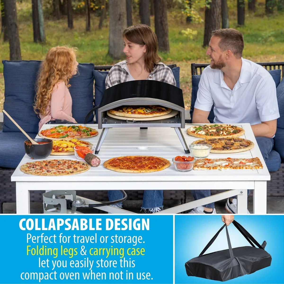 Nouveauté 2026 – Four à pizza à gaz d'extérieur Deco Chef , modèle pliable et portable, pierre de cuisson auto-rotative facile à utiliser, noir