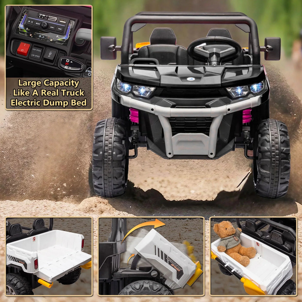 Nouveauté 2026 – Camion électrique Xuanlur 24V 2 places pour enfants , avec moteur 2x200W, benne basculante/pelle, pneus résistants, lumières LED, musique et télécommande, noir
