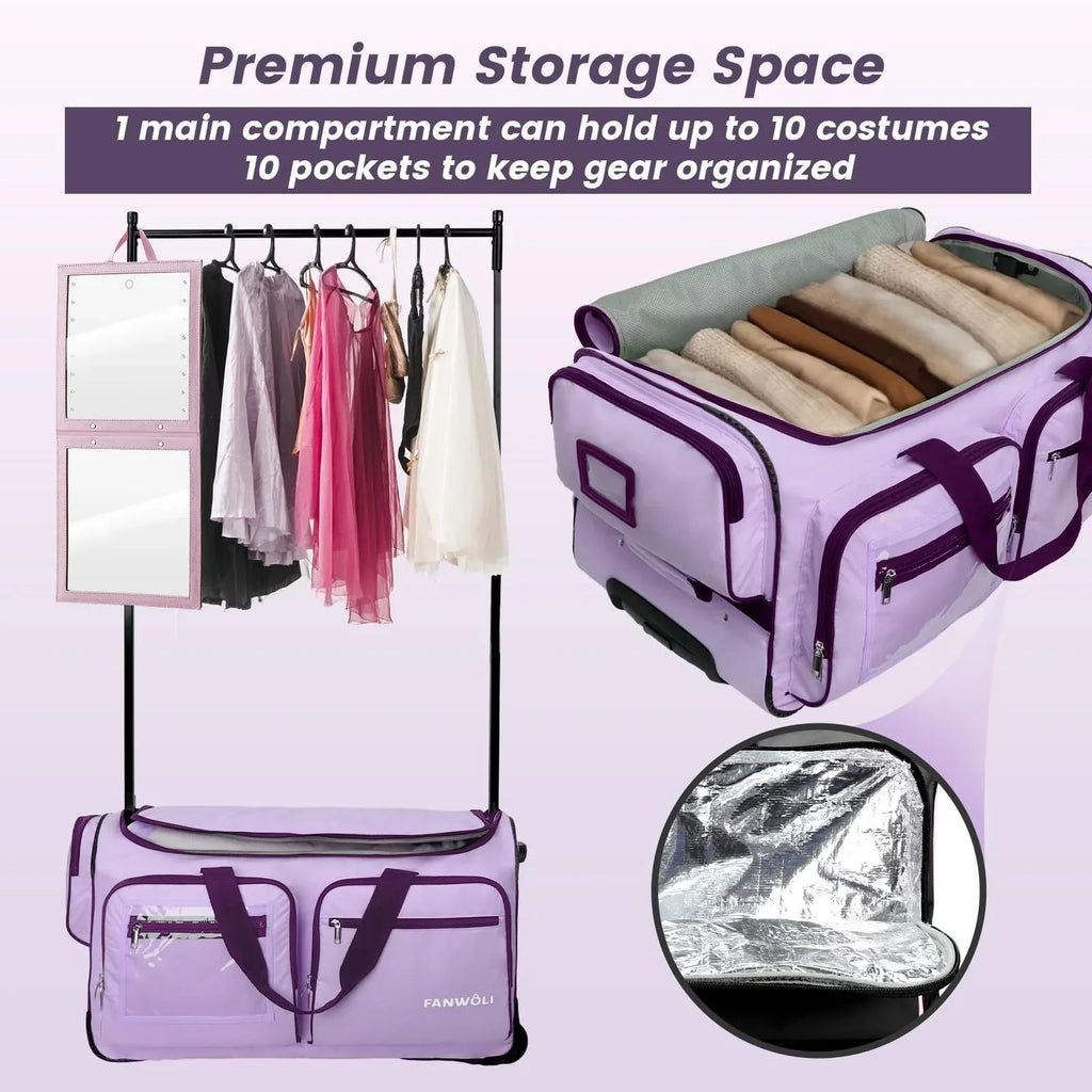 Nouveauté 2026 – Sac de danse Fegat avec portant - Sac de danse pliable à roulettes de 71 cm (28 pouces) pour compétitions, danse, spectacles, streamers et athlètes. Valise légère à roulettes