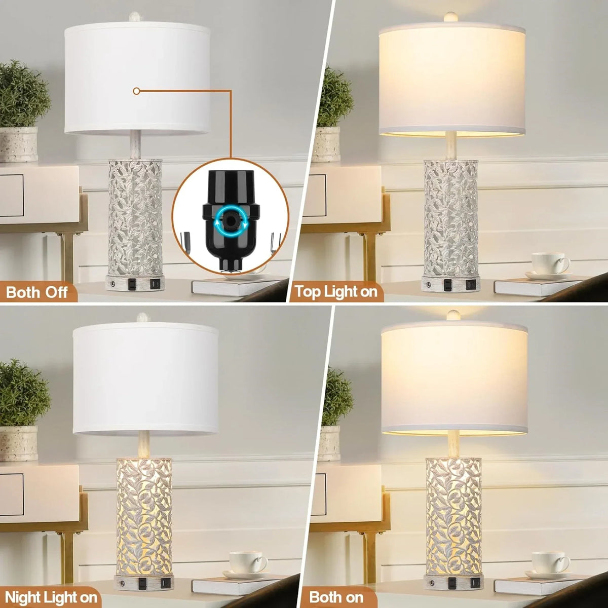 Nouveauté 2026 – Ensemble de 2 lampes de table Cinkeda pour salon et chambre à coucher, avec ports USB, prise secteur, intensité réglable à 3 niveaux, veilleuse tactile, style champêtre, motif floral blanc, lampes de chevet