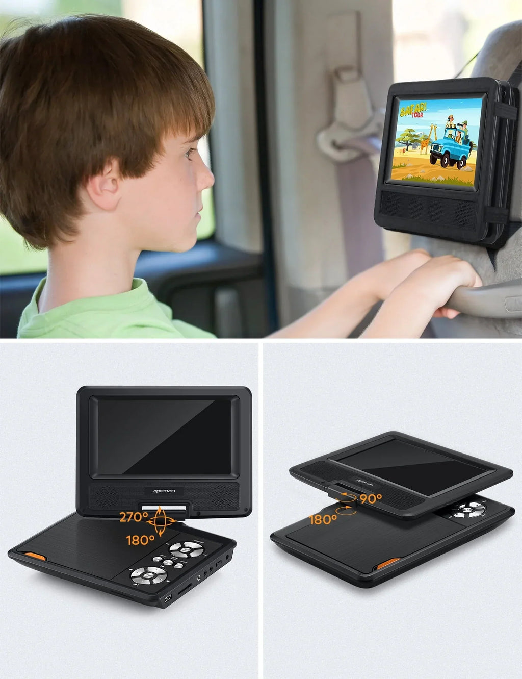 Nouveauté 2026 – Lecteur DVD portable 7,5 pouces (19 cm) pour voiture et enfants, compatible USB et cartes SD, autonomie de 5 heures grâce à sa batterie interne, avec chargeur allume-cigare, noir