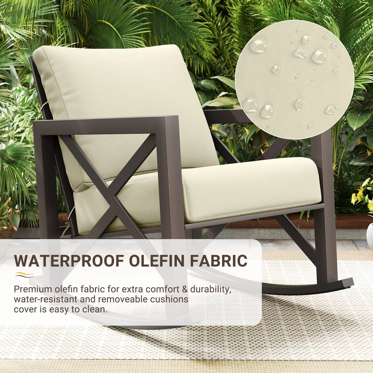 Nouveauté 2026 – Ensemble bistro MRUAKA , 3 pièces, comprenant 2 fauteuils à bascule et 1 table basse en métal avec coussins épais, idéal pour véranda, jardin ou bord de piscine, couleur beige