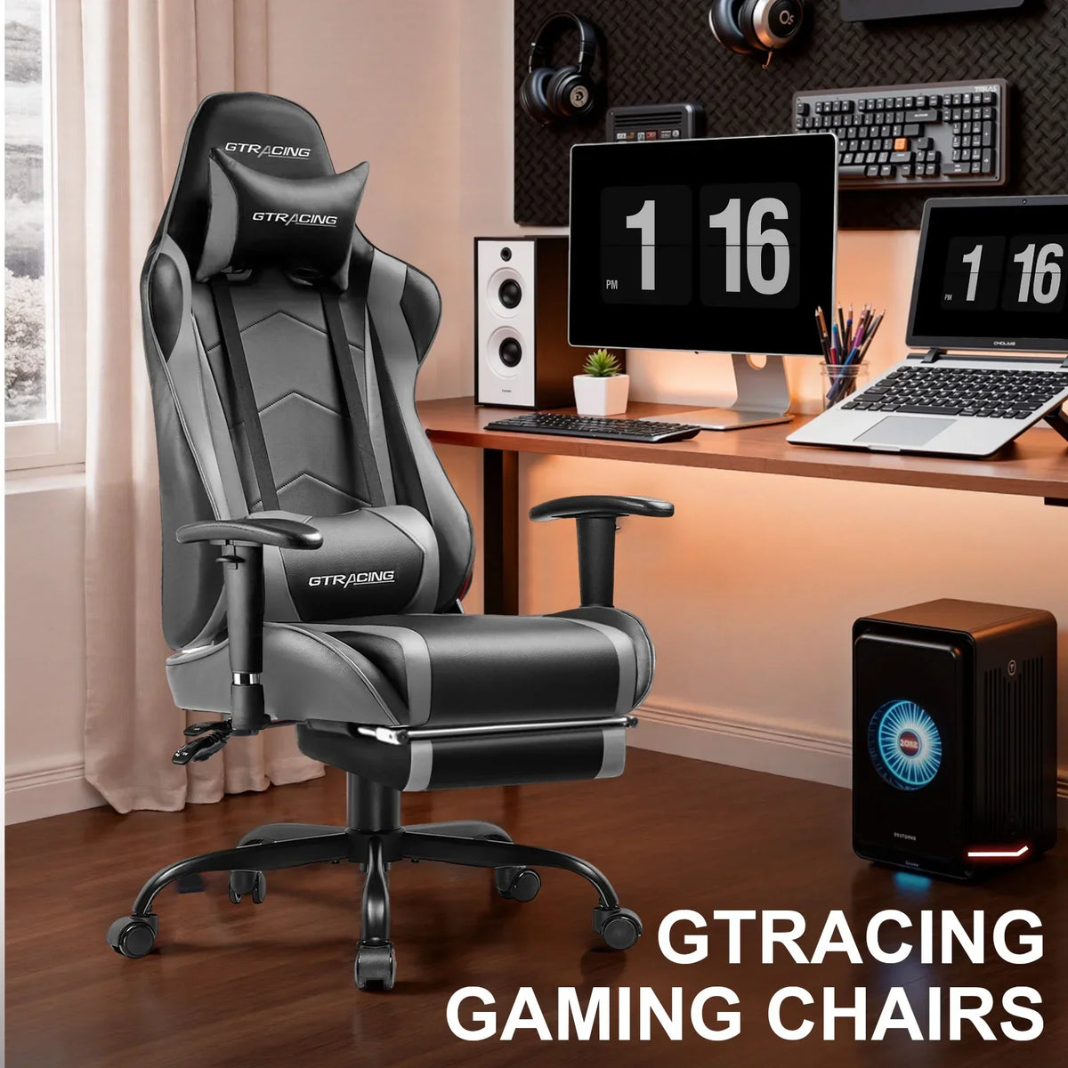 Nouveauté 2026 – Chaise de jeu GTRACING , chaise de bureau ergonomique avec soutien lombaire, revêtement en cuir PU, repose-pieds et appui-tête réglable, rouge