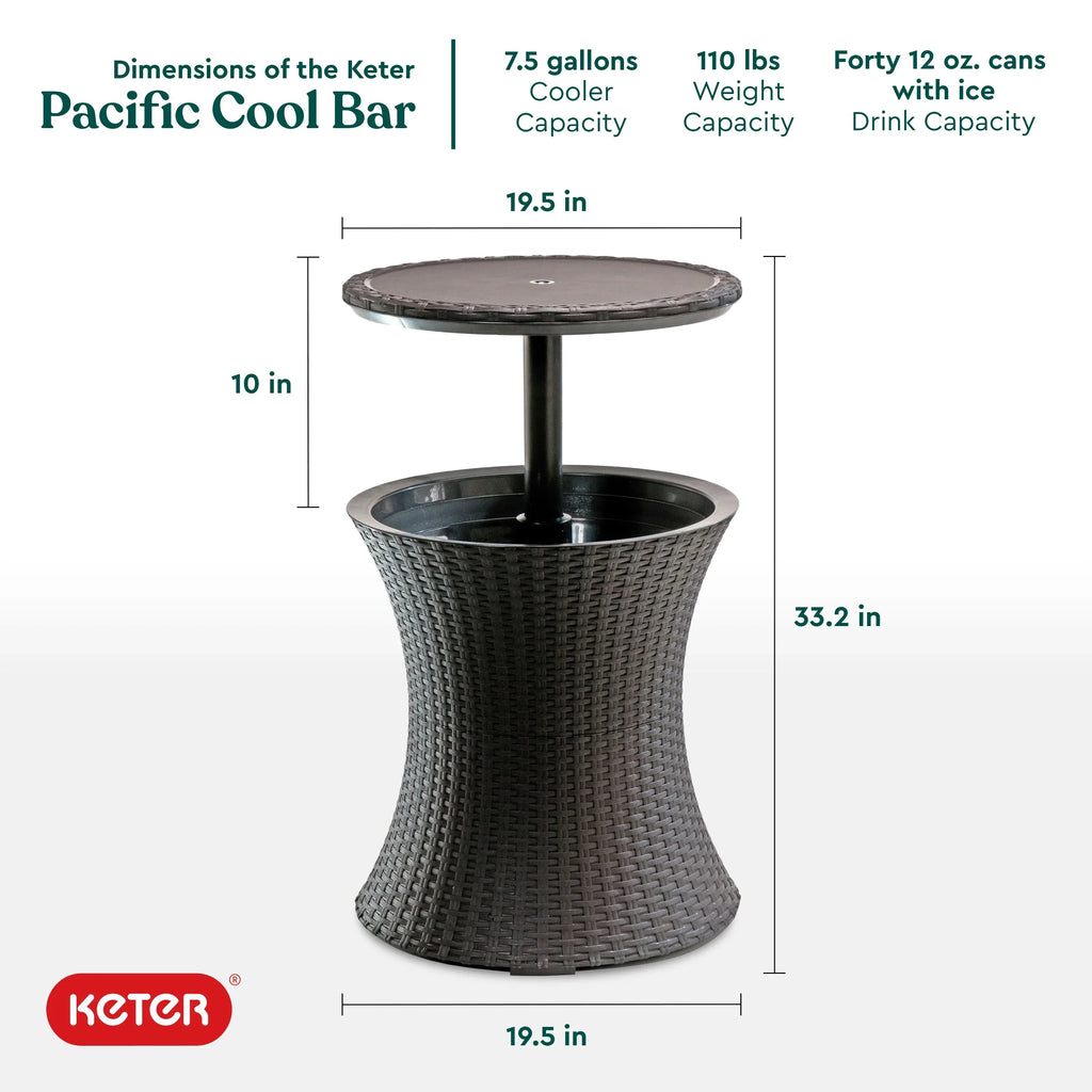 Nouveauté 2026 – Table d'appoint et bar isotherme Keter Pacific Cool Bar 2 en 1 de 28 litres (7,5 gallons), résistante aux intempéries, en résine durable, aspect rotin marron