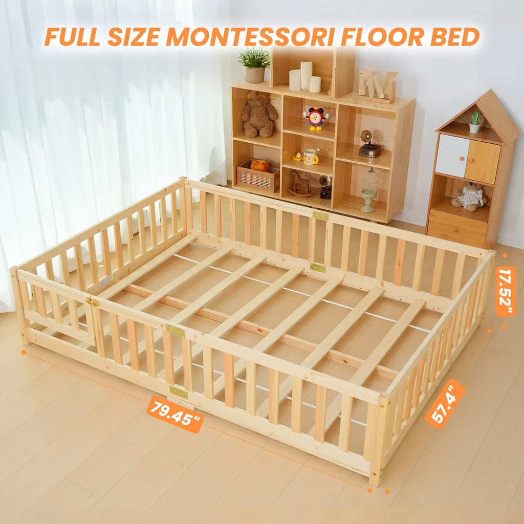 Nouveauté 2026 – Lit de sol Montessori pour tout-petits (taille jumelle), cadre de lit en bois massif avec barrière et porte, pour filles et garçons