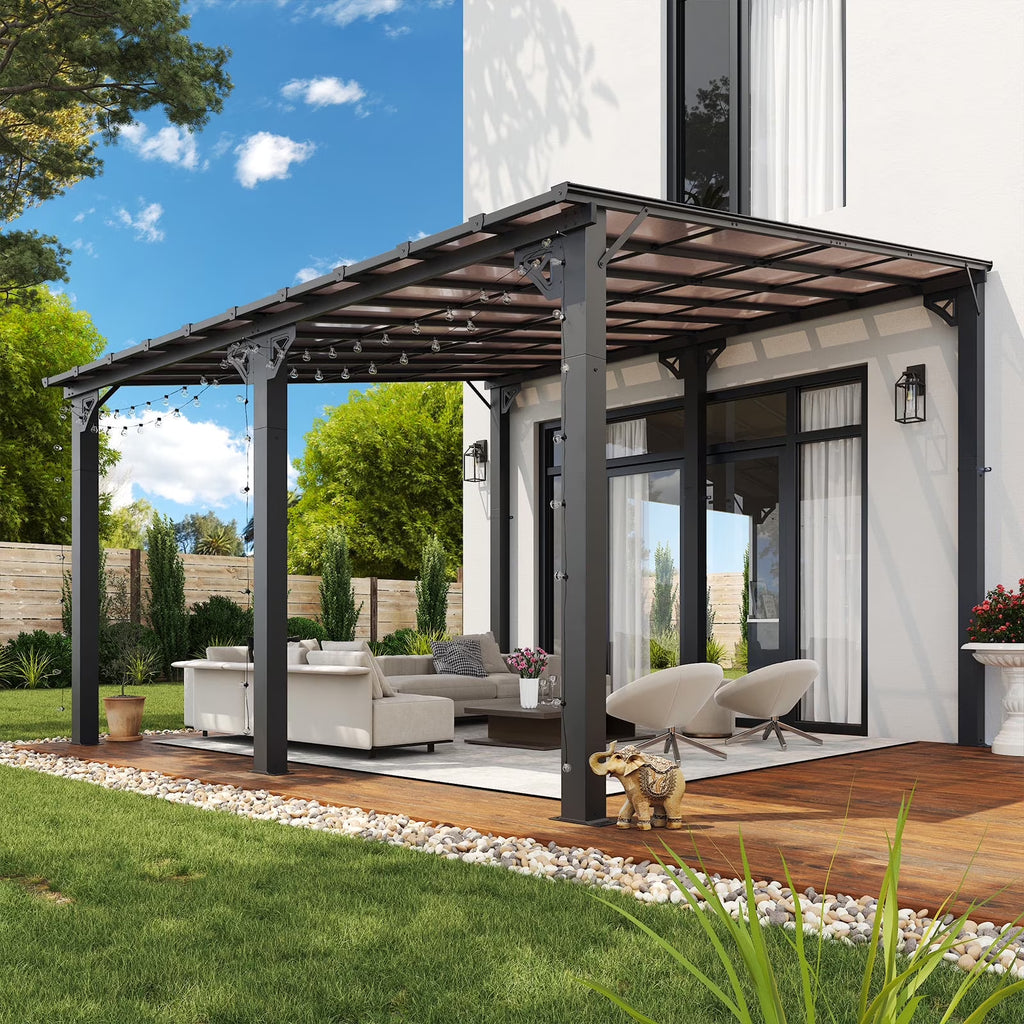 Nouveauté 2026 – Gazebo Aoxun de 2,4 m x 1,5 m pour patio, pergola avec toit incliné, grand auvent mural robuste pour barbecue, idéal pour jardin, terrasse ou patio