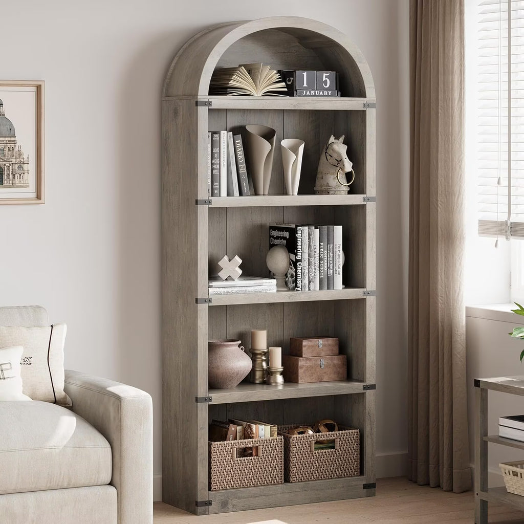 Nouveauté 2026 – Bibliothèque arquée à 5 étagères, 182 cm de haut, style ferme, étagère de rangement en bois pour la maison, le bureau ou le salon (blanche