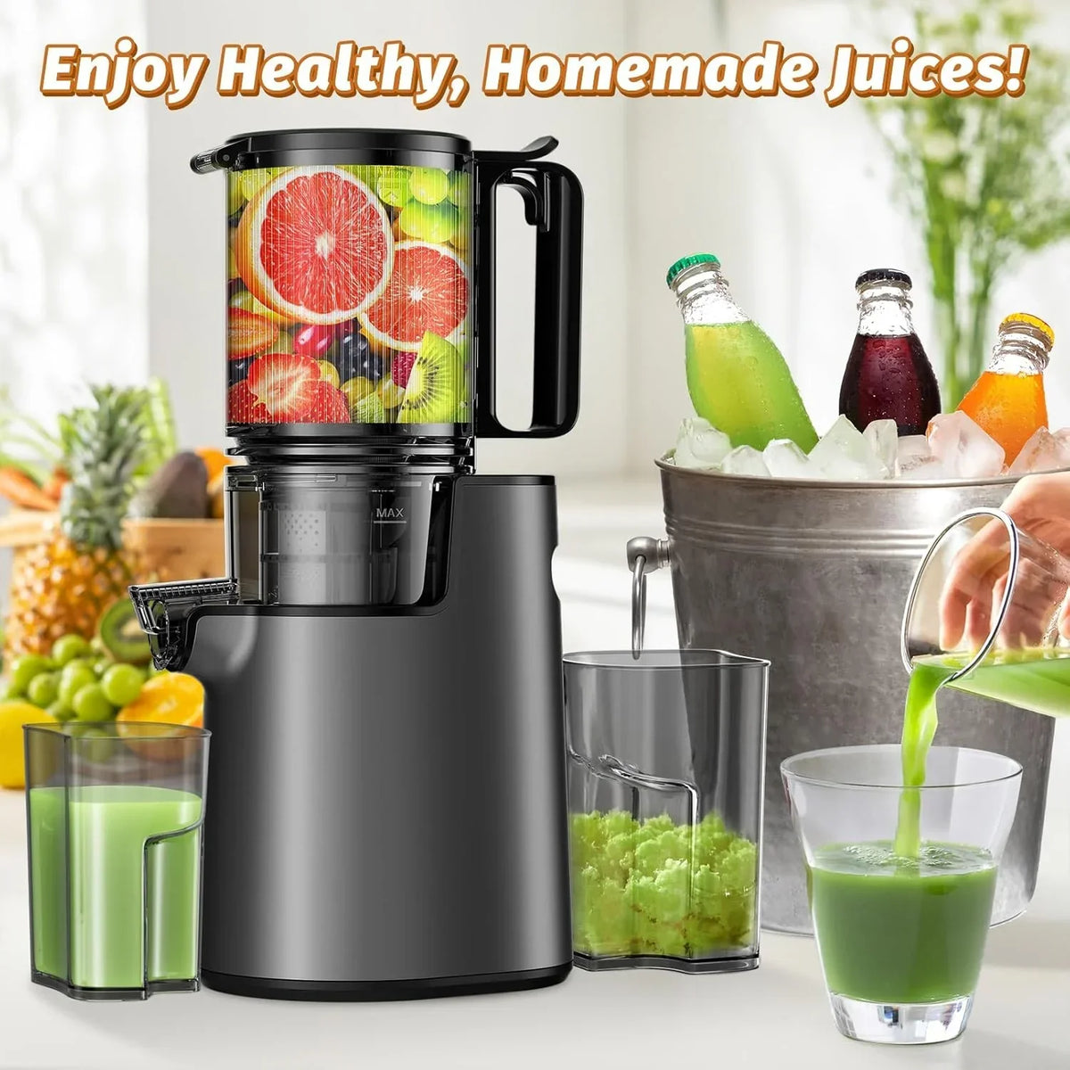 Nouveauté 2026 – Extracteur de jus à froid YPONE , extracteur à mastication avec goulotte d'alimentation de 13,7 cm de large, 350 W, convient aux fruits et légumes entiers, extracteur de jus à haut rendement, facile à nettoyer (noir