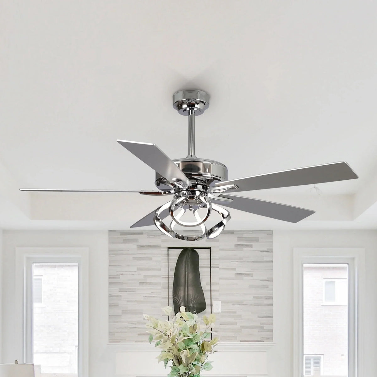 Nouveauté 2026 – Ventilateur de plafond contemporain chromé Parrot Uncle 52 pouces (132 cm) avec éclairage LED intégré et télécommande