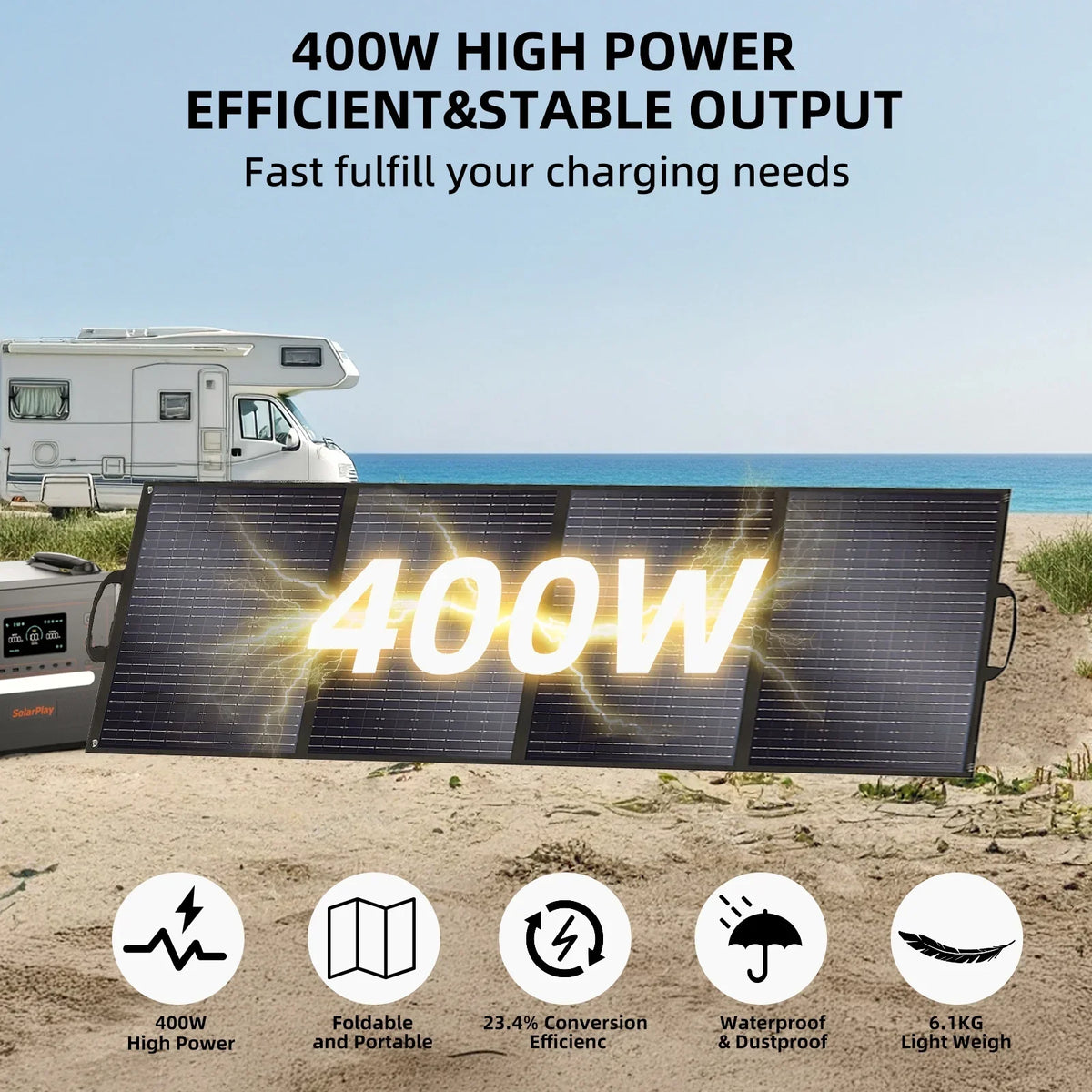 Nouveauté 2026 – Générateur solaire Solarplay 2400 W (4800 W en crête), avec panneau solaire de 400 W et batterie LiFePO4 portable de 2160 Wh, idéal pour le camping, la maison et les véhicules de secours