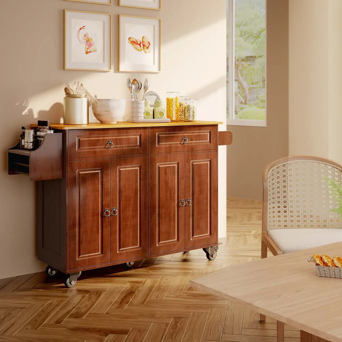 Nouveauté 2026 – Îlot de cuisine Lofka 52 pouces (132 cm) avec rangement sur roulettes et abattant en bois, idéal pour les petites cuisines