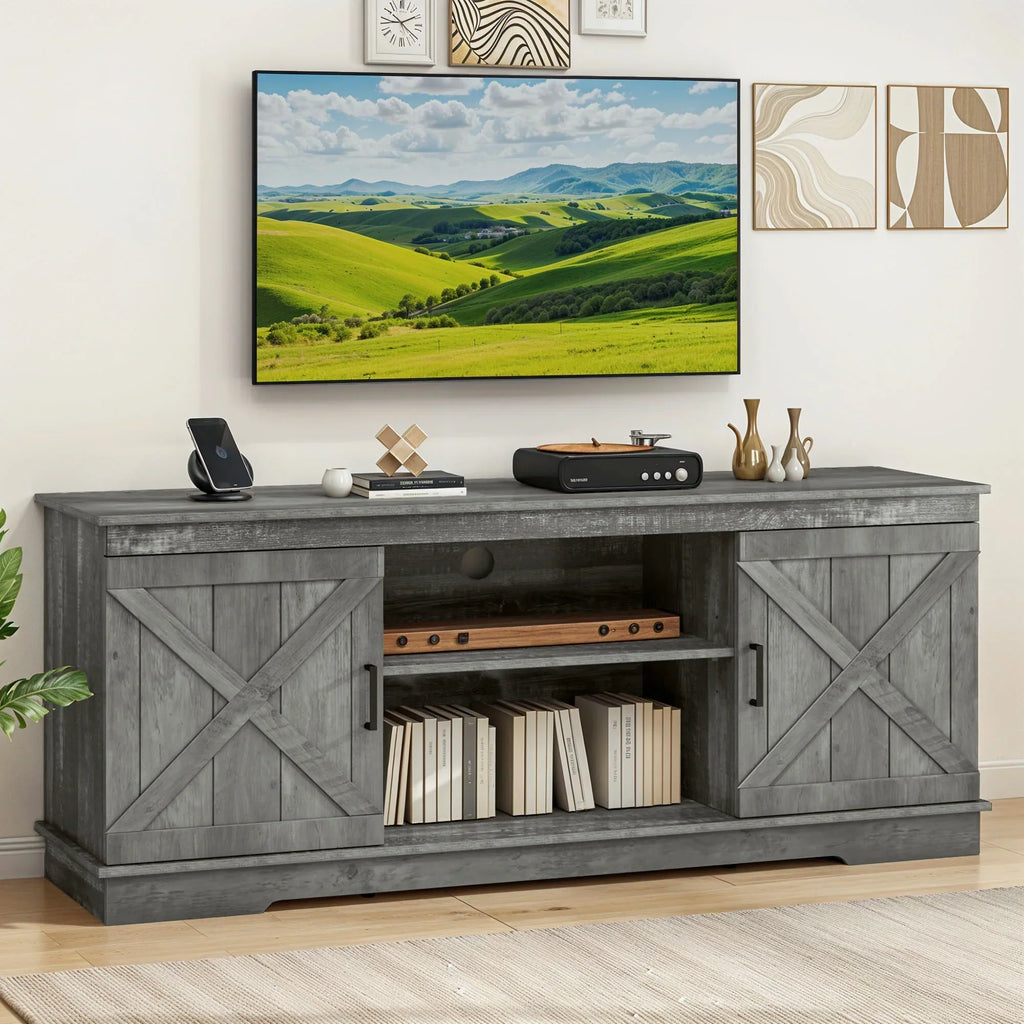 Nouveauté 2026 – Meuble TV Dextrus Farmhouse pour téléviseur 65 pouces, centre multimédia pour salon, meuble console TV, gris délavé