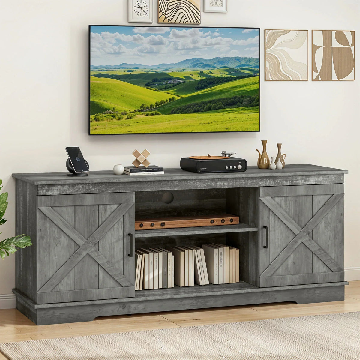 Nouveauté 2026 – Meuble TV Dextrus Farmhouse pour téléviseur 65 pouces, centre multimédia pour salon, meuble console TV, gris délavé