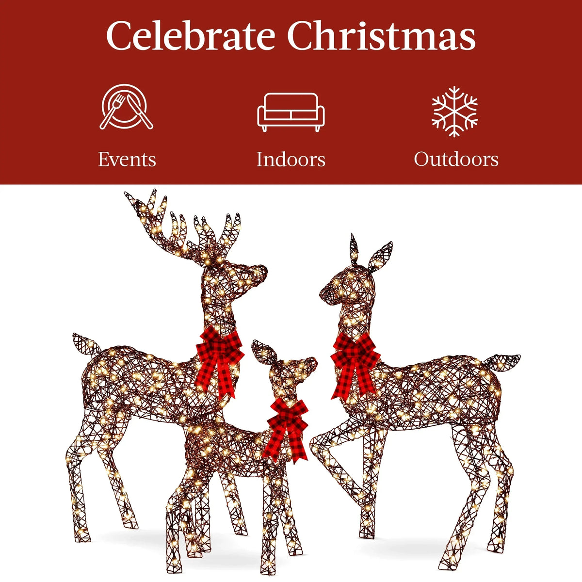 Nouveauté 2026 – Décoration de jardin extérieure Best Choice Products : cerfs lumineux de Noël en 3 pièces, 2 m (6,5 pi), avec 385 lumières DEL et piquets – Or