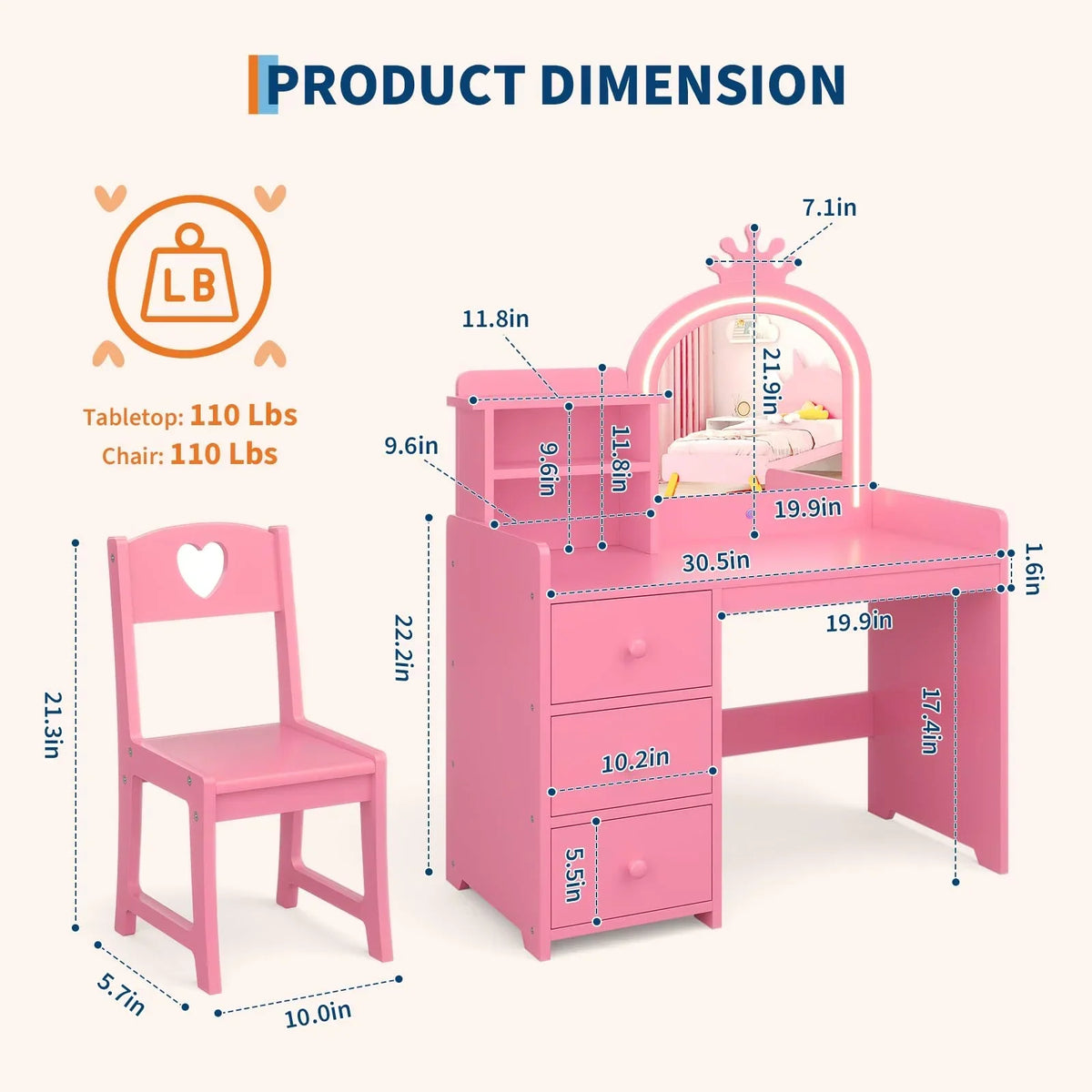Nouveauté 2026 – Ensemble coiffeuse Yeshouse Princess pour filles avec rangement et éclairage