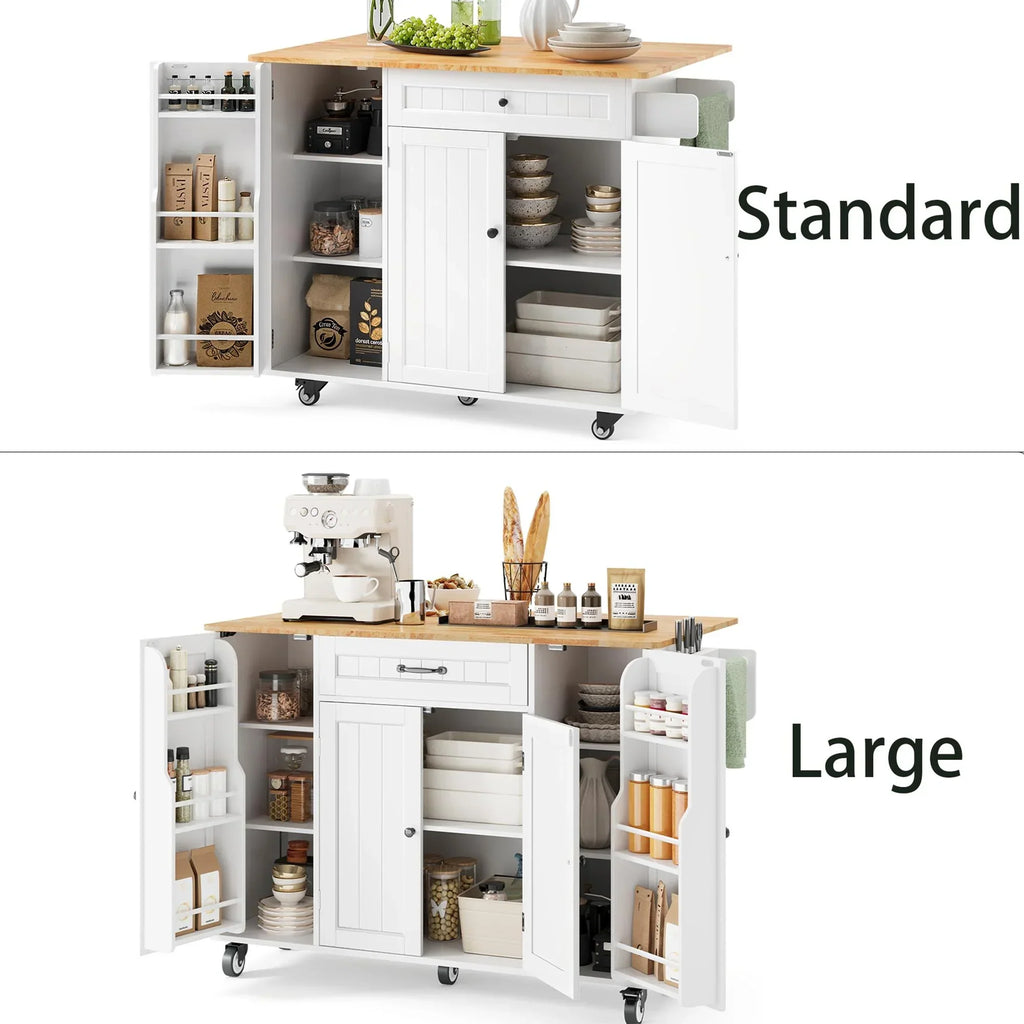 Nouveauté 2026 – Îlot de cuisine Noelse avec rangements, table d'appoint rabattable, porte-épices et porte-serviettes pour petites cuisines, blanc