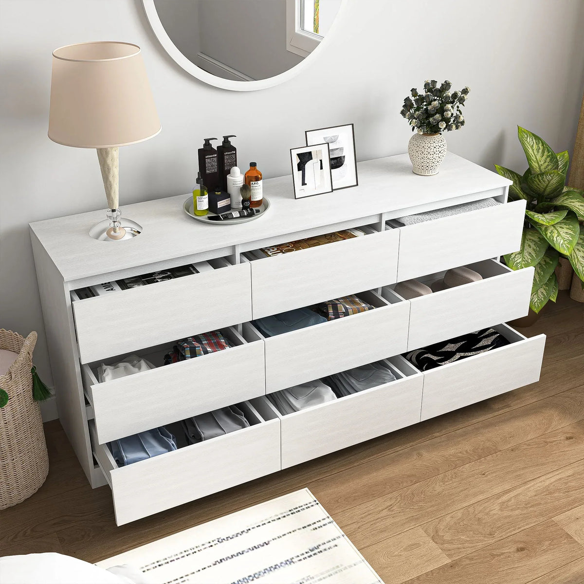 Nouveauté 2026 – Commode Resenkos moderne style milieu du siècle, 6 tiroirs, large, pour chambre à coucher, grise