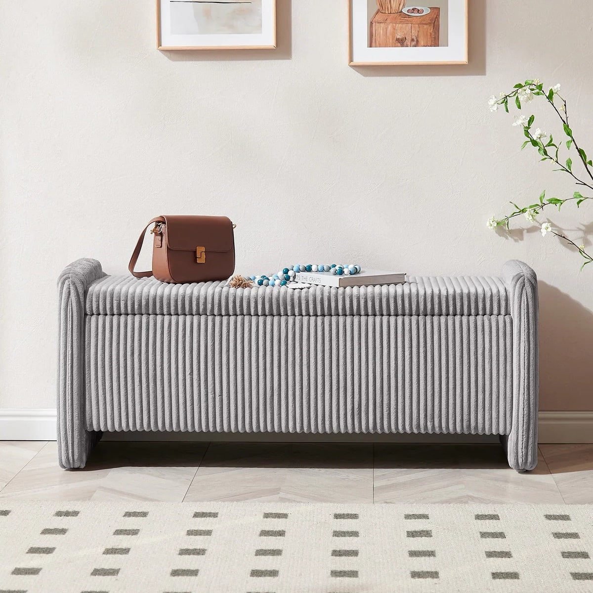 Nouveauté 2026 – Banc coffre Pinmoco de 112 cm (44 po), banc d'entrée rembourré avec rangement, idéal pour la chambre et le salon, en velours côtelé gris