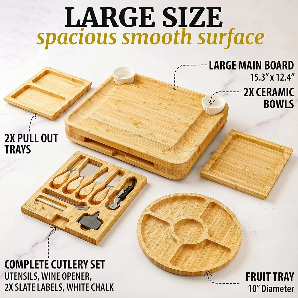Nouveauté 2026 – Ensemble de planches à fromage et à charcuterie extra épaisses en bambou Zulay Kitchen - Coffret de luxe 15 pièces