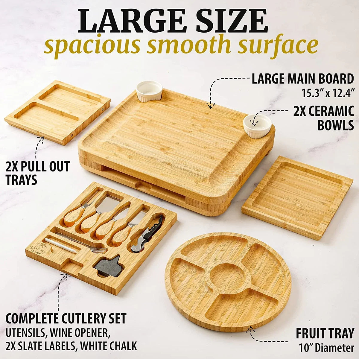 Nouveauté 2026 – Ensemble de planches à fromage et à charcuterie extra épaisses en bambou Zulay Kitchen - Coffret de luxe 15 pièces