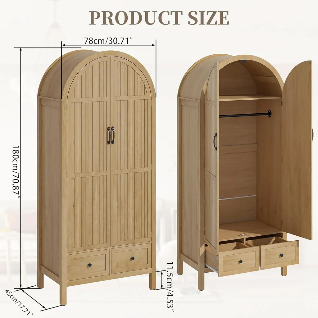 Nouveauté 2026 – Armoire-penderie cintrée Oubayajia avec portes cannelées, en bois, avec tiroirs, étagères et tringle pour chambre à coucher