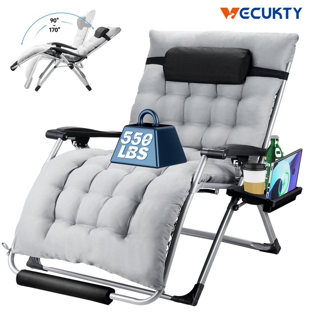 Nouveauté 2026 – Fauteuil zéro gravité surdimensionné VECUKTY XXL - Capacité de 227 kg, siège rembourré de 84 cm de large, fauteuil de voyage pliable pour une utilisation intérieure/extérieure - Terrasse, pelouse, noir, portable et robuste