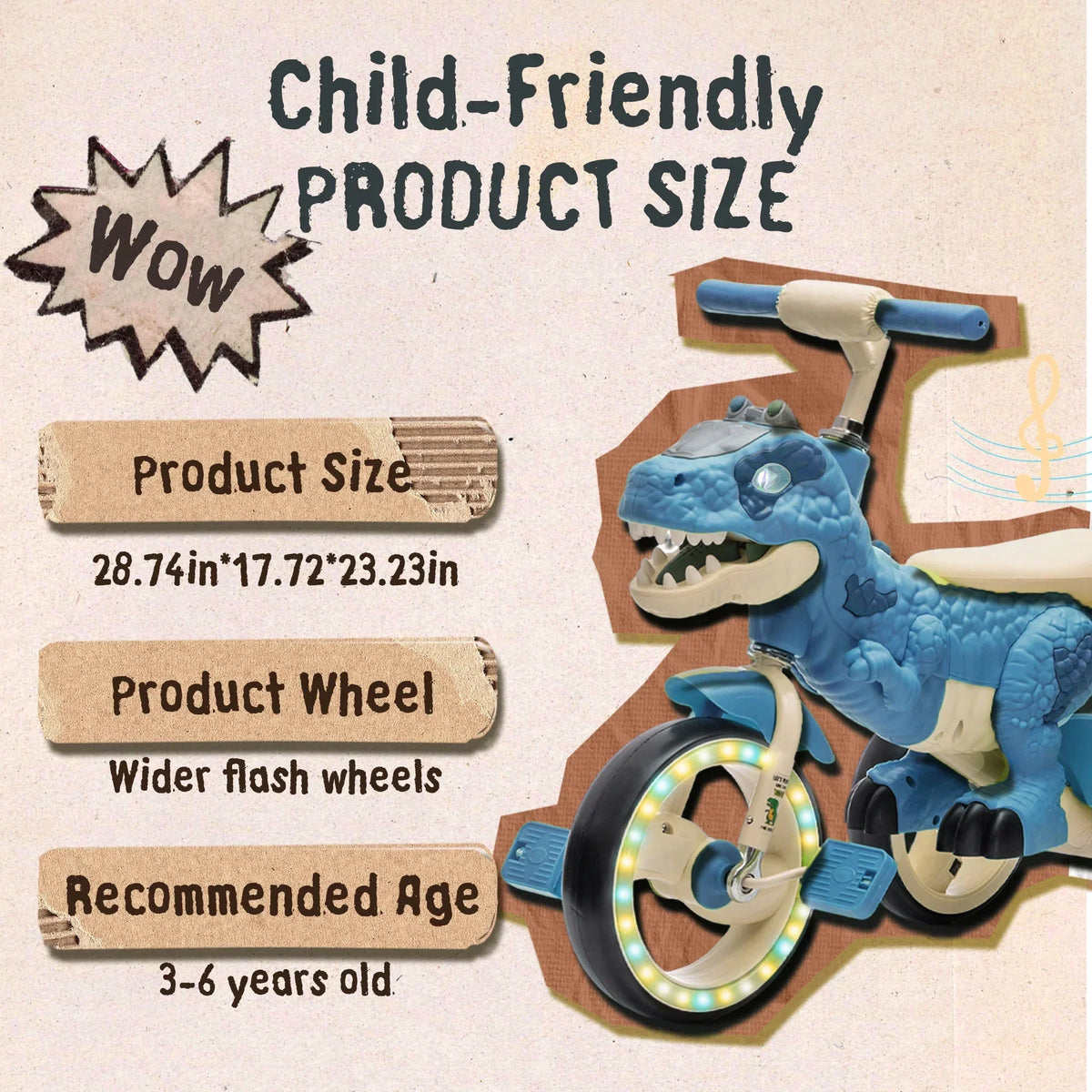 Nouveauté 2026 – Tricycle dinosaure Xuanlur pour enfants , avec larges roues lumineuses, pédales antidérapantes, panier arrière, musique et lumières LED, jouet idéal pour les enfants de 3 à 6 ans (vert